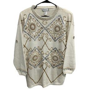 Vintage Cream Sweater Gold Beads Pearl Accents By P.A. International Sz Large